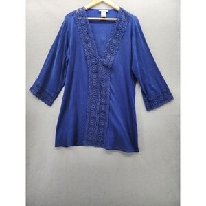 La Blanca Blue Cotton Gauze‎ Crochet Lace Trim V-Neck Tunic Top Coverup Womens L